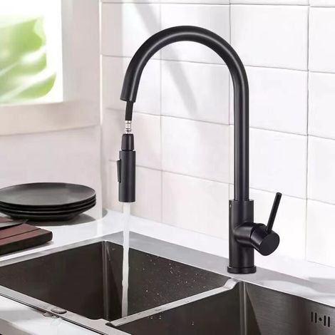 Robinet Cuisine Douchette, Mitigeur Cuisine avec Rotatif à 360°, Flexible avec 2 Modes de Pulvérisation, Col de Cygne Robinet Noir, Acier Inoxydable (1/3)