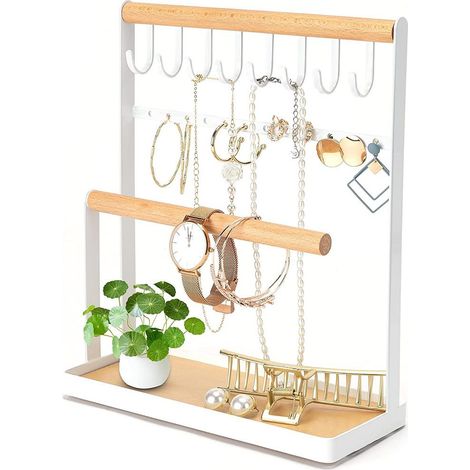 Présentoir à bijoux, plateau avec collier, bracelet, bague, montre, bijoux divers, structure en fer et barre en bois blanc (1/5)
