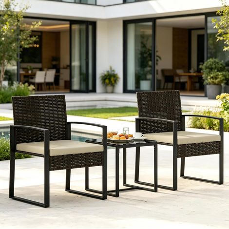 Ensemble mobilier de jardin bistro 1 table 2 chaises en rotin synthétique marron (1/5)