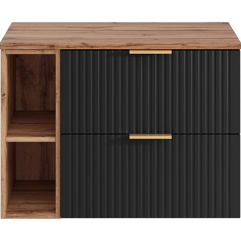 Mobile sotto lavabo sospeso con scanalature con nicchie L80 cm Nero e Naturale chiaro - ZEVARA (1/4)