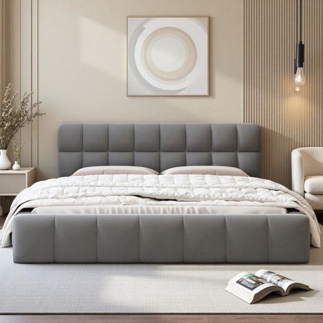 Letto matrimoniale 160x200 - Testiera grigia in lino smontabile - Struttura in legno rinforzata - Copertura lavabile