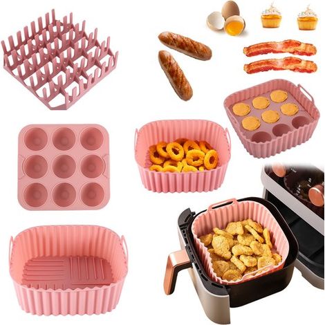 Set rosa da tre pezzi, composto da teglia quadrata in silicone per friggitrice ad aria, griglia per hot dog e pancetta, stampi resistenti al calore per torte e gelatine.