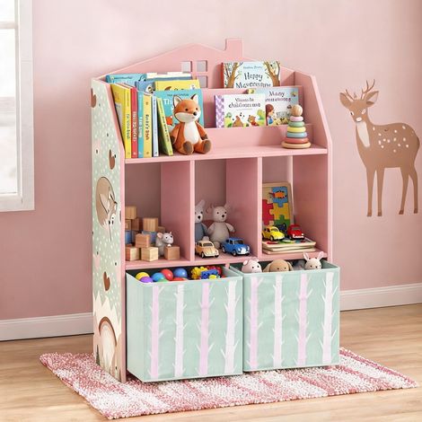 Bibliothèque enfant en forme de maison avec étagères et 2 rose (1/5)