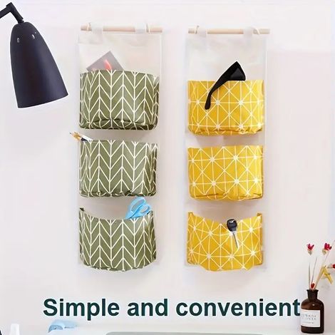 2 sacs suspendus 3 niveaux et poches transparentes rangement porte mur jouets chaussettes cuisine chambre tissu robuste Vert Jaune (1/5)