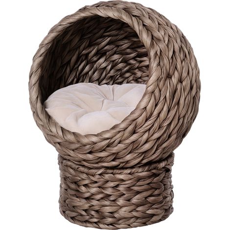 PawHut Wicker Cat House, Raised Cat Bed with Cushion Dark Brown (1/5)