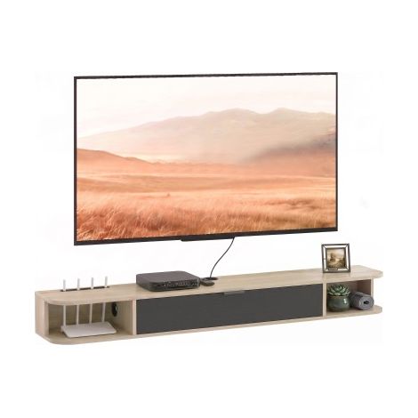 Meuble TV suspendu, meuble télé pour téléviseur jusqu'à 60 pouces, tiroir rabattable 2 étagères 140x24x16cm bois naturel (1/5)