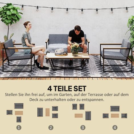 Ensemble de salon de jardin imperméable 4 places gris incluant canapé 2 places, 2 fauteuils, coussins assise et table basse. (1/4)