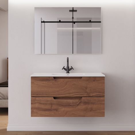 Meuble de salle de bain 90cm simple vasque - 2 tiroirs - noyer (bois foncé) - SONRIZA (1/5)