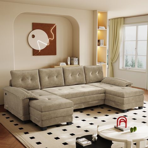 AMXCNOY Canapé-lit d'angle en forme de U de 278 cm, convertible avec lit gigogne, fonction de chargement USB, accoudoirs amovibles, très grand format, design modulable, canapé moderne pour salon, coul (1/5)