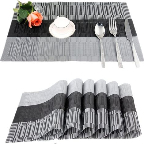 6-teiliges Set rutschfester PVC-Tischsets, waschbar (45 x 30 cm), für Küche, Wohnzimmer, Garten oder Esszimmer (Schwarz-Grau) (1/5)