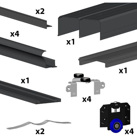 Slid'Up By Mantion – Kit coulissant SLID'UP 280 aluminium anodisé noir pour 2 portes 18 mm – Rail 2 m – Charge max 50 kg – Montage au sol et plafond