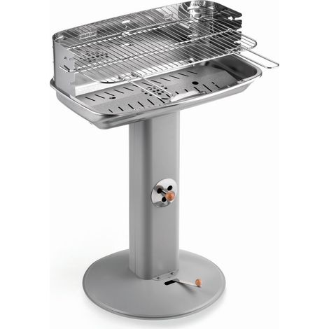 Barbacoa de carbón en acero inoxidable con columna equipada con toma de aire regulable, parrilla cromada ajustable en 4 posiciones Made in Italy
