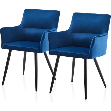 Lot de 2 chaises de salle à manger en velours bleu avec accoudoirs et pieds en métal (1/5)