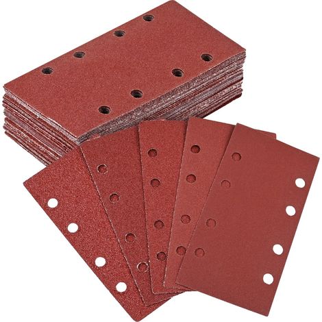 50 Pièces Disques Abrasifs 93 x 185mm, 8 Trous, 10x Grain 40/60/80/120/240, Papier Poncage pour Ponceuses Rectangulaires, Ponçage Optimal (Rot(P40/P60/P80/P120/P240)) (1/5)