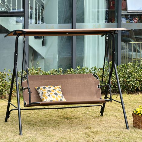 Balancelle Hollywood 2 places Outsunny, chaise longue de jardin, résistante aux UV, structure en métal de haute qualité, inclinaison réglable, marron