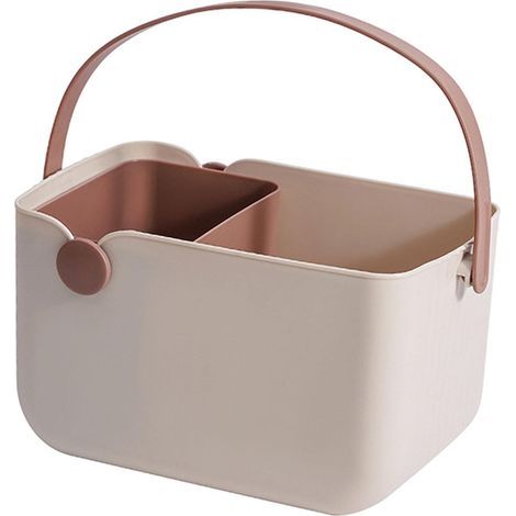 Bolsa de ducha portátil, caja de almacenamiento con asa, caja de almacenamiento para cosméticos de cocina, accesorios, ducha portátil, cesta abierta de color beige. (1/4)