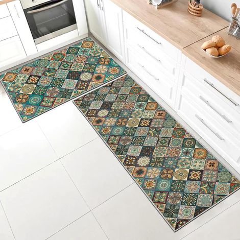 Lot de 2 Tapis de Cuisine, Antidérapant, Lavable, Silicone, Absorbant, Couloir (1/5)