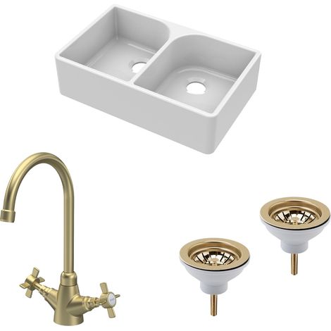 Fireclay Kitchen Bundle -  2 Bowl Full Weir Butler Sink No Overflow with Wastes & Mono Tap, 795mm - Brushed Brass
