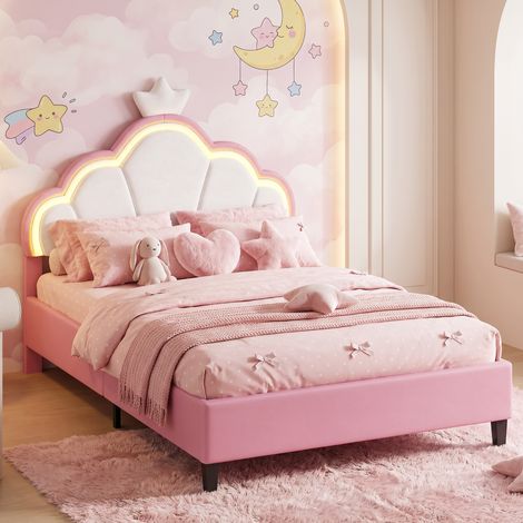 Kinderbett 90x190 cm mit lattenrost kronen-kopfteil und rgb led höhenverstellbares polsterbett aus samt für mädchen - rosa