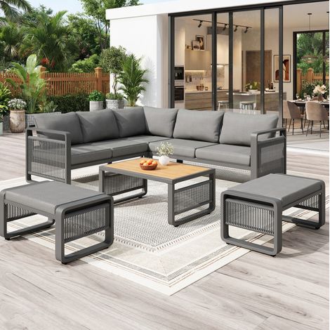 Set di mobili da giardino in metallo grigio con tessuto idrorepellente, intreccio a corda, 7 posti, tavolino e poggiapiedi (1/5)
