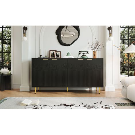 Meuble TV Sideboard Noir, Commode 4 Portes avec Poignées Dorées Brossées et Pieds Laqués Brillants, Buffet Haut 160x80x40 cm (LxHxP) (1/5)