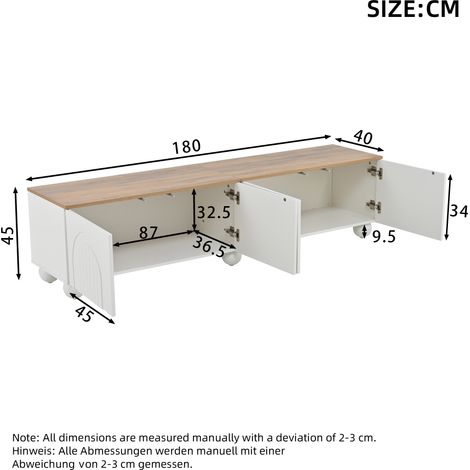Meuble TV Blanc et bois 180x40x45 cm avec 4 portes cintrées,6 pieds en métal à boule,buffet bas et table TV Moderne