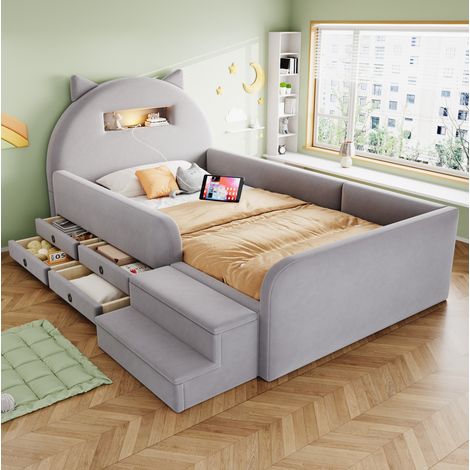 Cama infantil 90x200 cm en terciopelo gris claro con 4 cajones, banqueta desmontable, cabecero con luz nocturna y puertos USB (1/5)