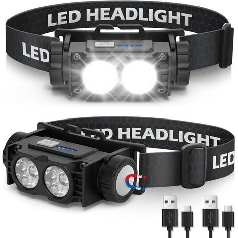 Lampe Frontale 2 Pièces,Lampe Frontale LED Ultra Puissante 2000 Lumens,USB,Torche Frontale 3 Modes IPX5,Camping,Cyclisme,Running (1/5)