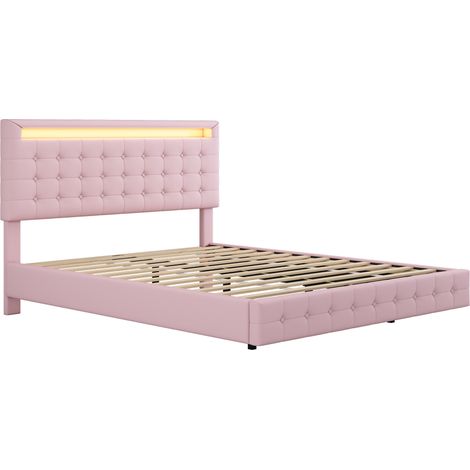 Lit plat 140x200 cm avec éclairage LED, PU et MDF, tête de lit réglable en hauteur, rose, sans matelas (1/5)