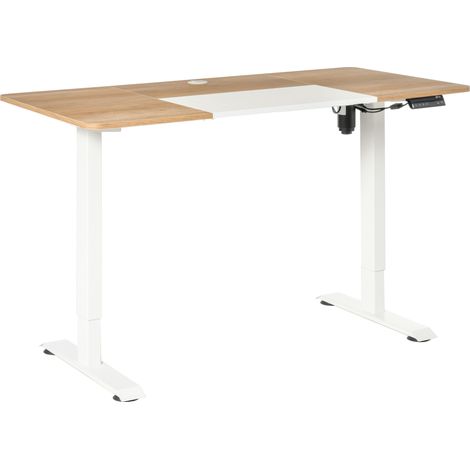 Bureau électrique réglable en hauteur 140 x 70 cm avec plateau bois naturel et structure métal blanc (1/5)