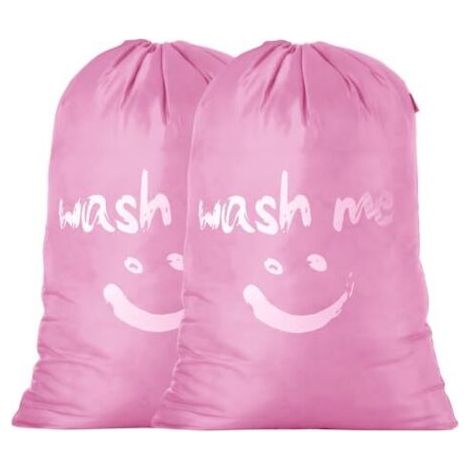 Lot de 2 Grand Sac à Linge 80-120L, Sac de Rangement Pliant, Sacoche à Linge Sale, Sac de Vêtements Sac en tissu Smiley pour Voyage, Dortoir, Chambre, Bac de Rangement Portable (Rose) (1/4)