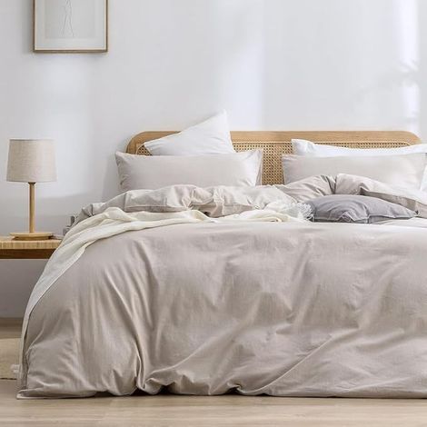 Coton Sets de Housse de Couette 220x240cm Beige Lin Couleur Parure de Lit Plissé Coton Adulte 2 Personnes Moderne Doux Linge de Lit avec 2Taies d'oreiller 65x65 Fermeture Éclair (1/5)