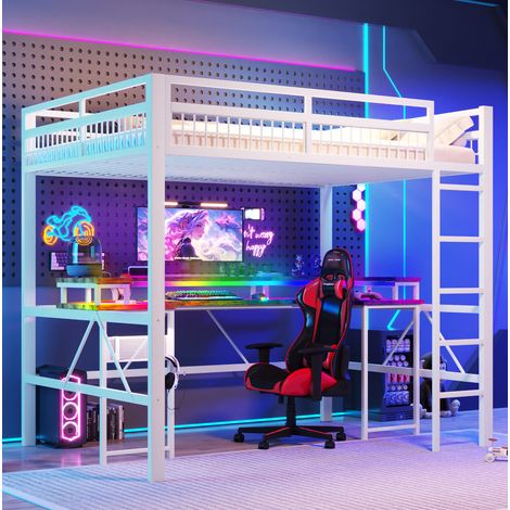 Bett Hochbett mit Schreibtisch 140x200 LED Weiß OKMYHOME (1/5)