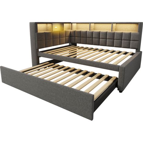 Cama tapizada gris 90x200 con cama nido 90x190, LED, Bluetooth, USB-C y USB (1/5)