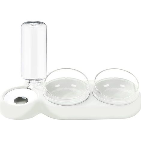 Sollbry Comedero para mascotas 2 en 1, con doble cuenco y bebedero automático, diseño inclinado y giratorio para gatos y perros, sin BPA y fácil de limpiar, color blanco (1/5)