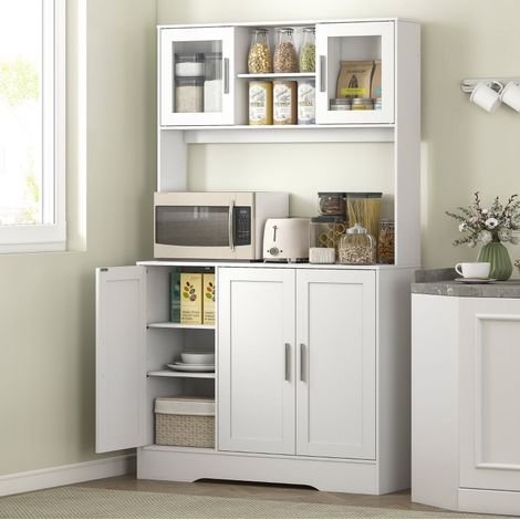 Hoher weißer Küchenschrank 108 x 35 x 180 cm, Glastüren, verstellbare Einlegeböden HAVRYA (1/5)