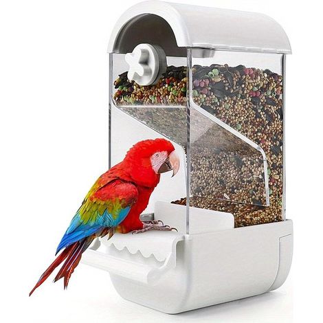 Comedero automático para pájaros, comedero monobloque sin ensuciar con percha, canarios, cacatúas, pinzones y agapornis (blanco) (1/5)