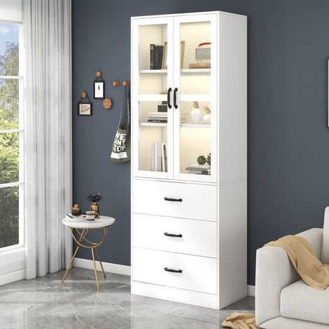 Vitrine mit 2 Türen, 3 Schubladen und 2 Verstellbaren Böden, LED, für Wohnzimmer oder Esszimmer, MDF, Weiß