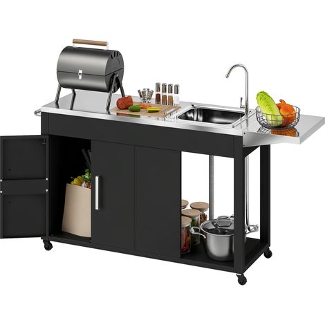 Chariot barbecue inox avec évier et armoire, finition soignée
