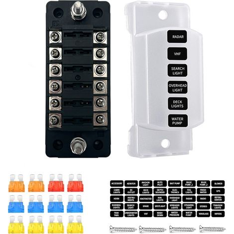 RV fuse box with 6 positive and negative terminals, LED light, and plug-in power splitter for vehicles. (1/4)