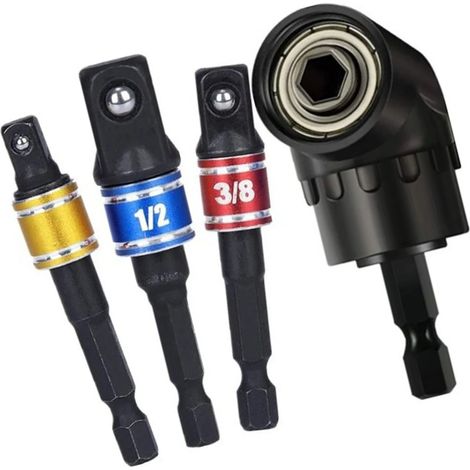 Adaptateurs de perçage 4 pièces, embouts coudés à 105°, douilles 1/2 po, 3/8 po et 1/4 po, adaptateurs à 360° pour écrous et vis.