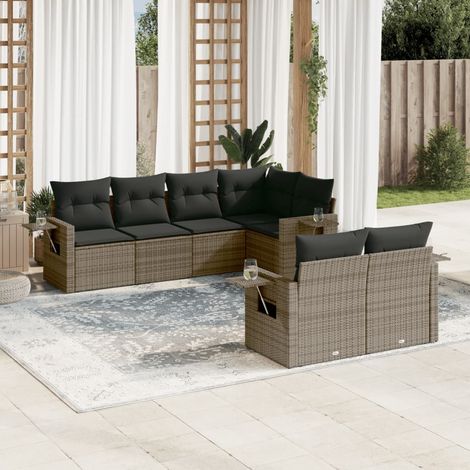 [Ensemble de Salon Jardin] 7 Pièces Gris Résine Tressée Modulable avec Coussins et Table Verre Trempé (1/5)