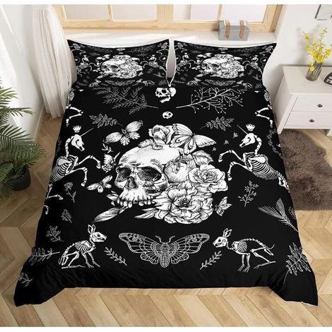 Skull Housse de Couette Halloween Moth Squelette Parure de Lit 200x200cm Ultra Doux Personnalisé Gothique Os Parure - GFO (1/4)