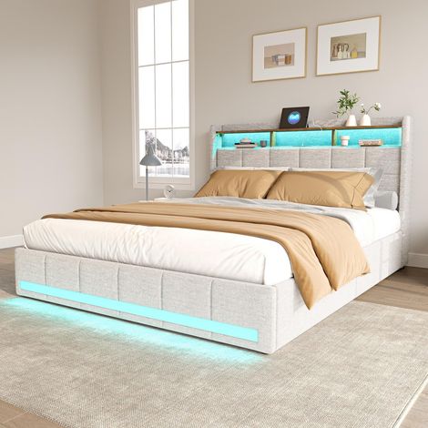 Bett 140x190 cm mit Schubladen, Polsterbett mit RGB-LED, USB-C-Ladestation und Stauraum-Kopfteil, Leinen, Beige