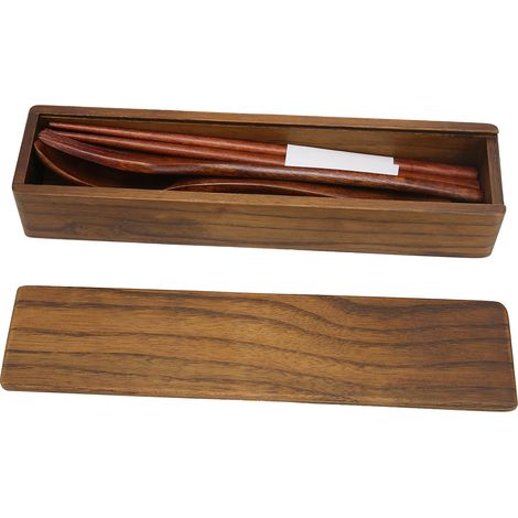 Ensemble de vaisselle 3 pièces, couverts en bois, cuillère, fourchette et baguettes portables en bois pour les activités de plein air et les voyages (1/4)