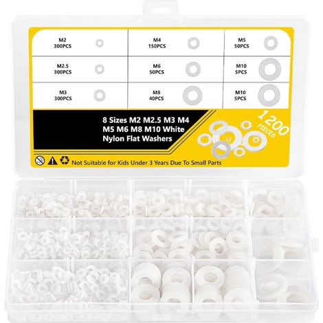 Lot de 1200 rondelles plates en nylon, 8 tailles, rondelles en acier inoxydable 304 - M2 M2.5 M3 M4 M5 M6 M8 M10, adaptées aux vis et aux écrous. (1/4)