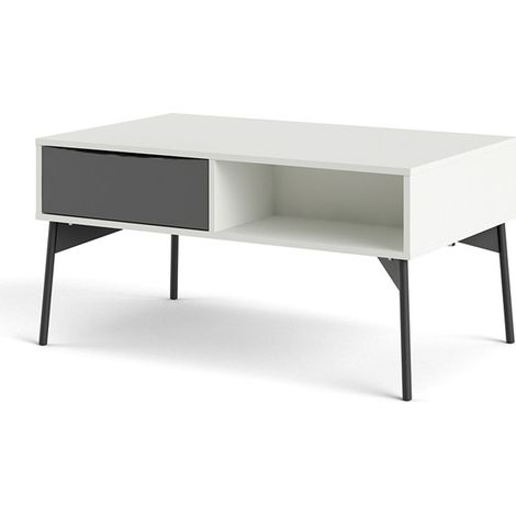 Elly table basse 1 tiroir, 3 étagères blanc mat, gris.