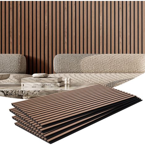 Panneaux acoustiques à lattes en bois, 1200 x 600 mm, lamelles acoustiques en MDF pour mur intérieur moderne, panneaux muraux en faux bois pour décoration élégante et réduction du bruit, noyer (1/5)