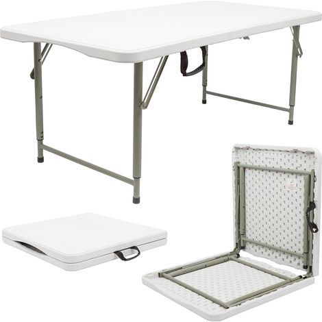 Table pliante 120 x 60 cm – Hauteur réglable 3 positions – Blanc – Plateau plastique robuste – Cadre métal – Poignée de transport – Capacité 110 kg (1/5)