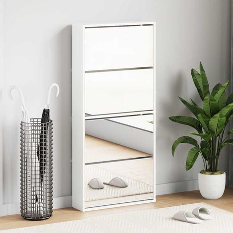 Schuhschrank mit Spiegel 4 Fächer Hochglanz-Weiß 63x17x134 cm